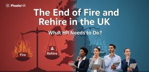 Illustration representing the concept of 'Fire and Rehire' in the workplace, showing employees and HR professionals discussing new approaches to human resources and workforce management.
