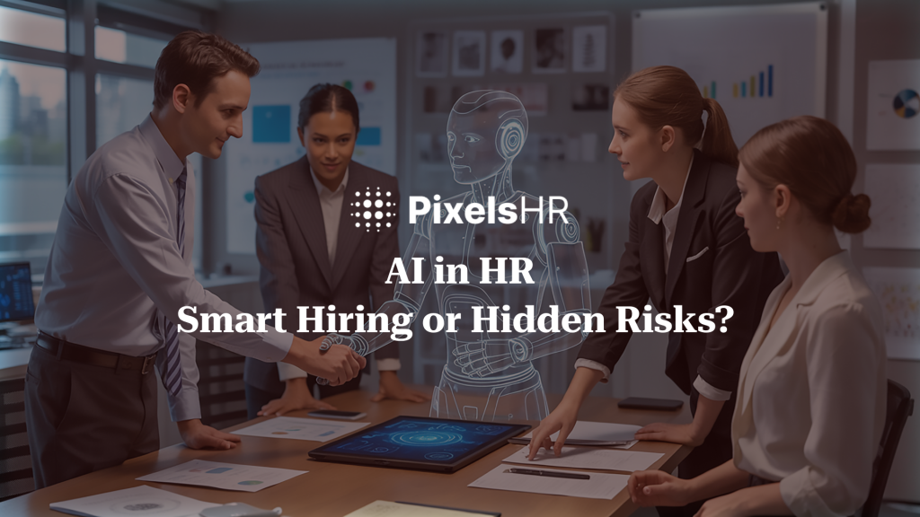 A graphic for the PixelsHR article "AI in HR: Smart Hiring or Hidden Risks?" exploring the benefits and potential dangers of artificial intelligence in human resources and recruitment.