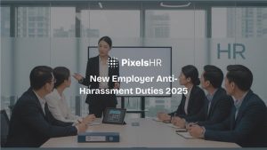 HR manager presenting new 2025 anti-harassment duties to employers during workplace meeting – PixelsHR