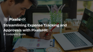 Business professional reviewing expense reports on laptop with analytics charts, representing automated expense tracking and approval using PixelsHR software.